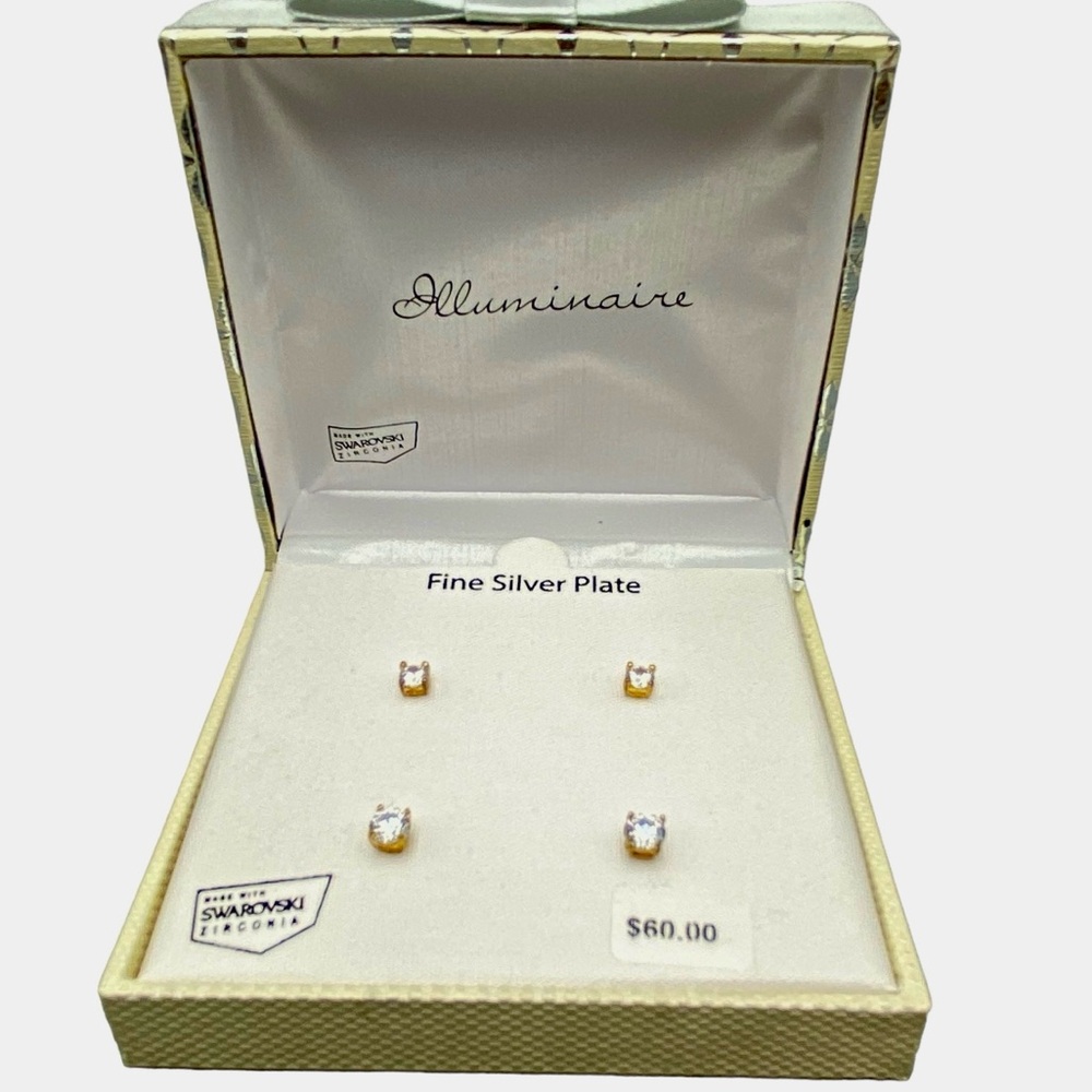 Illuminaire Fine Silver & 14K Gold Plated Swarovski Zirconia Stud Earrings Set